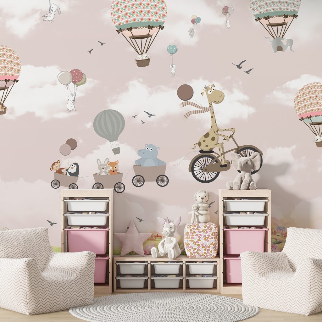 Pink Hot Air Balloon Animals Bicycle Wallpaper For Walls
